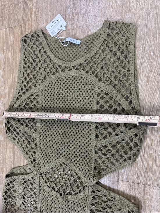 Zara Khaki Olive Green Knit Crochet Cut Out Swim Cover Mini Dress Size Medium - Picture 11 of 13